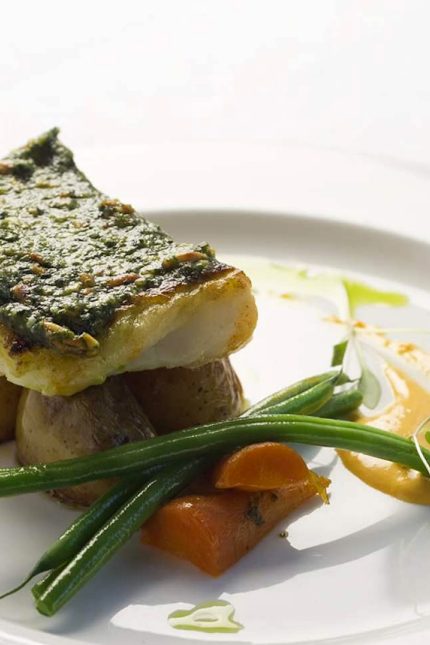 Seared Mediterranean fish with vegetables and orange purée at Aqua Bromley.