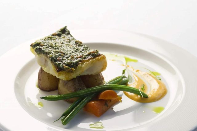 Seared Mediterranean fish with vegetables and orange purée at Aqua Bromley.